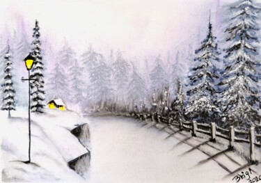 Pintura intitulada "Snowy landscape" por Brigitta Lukács, Obras de arte originais, Pastel