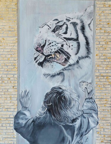 Painting titled "Le tigre et l'enfant" by Brigitte Andre, Original Artwork, Acrylic Mounted on Wood Stretcher frame