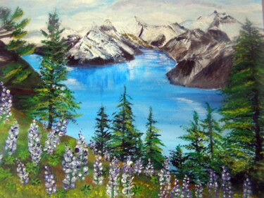 Malarstwo zatytułowany „Lac de montagne” autorstwa Brigitte Andre, Oryginalna praca, Akryl