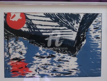 Gravures & estampes intitulée "Blue Coque" par Brigitte Barcelo, Œuvre d'art originale, Xylographie Monté sur Carton
