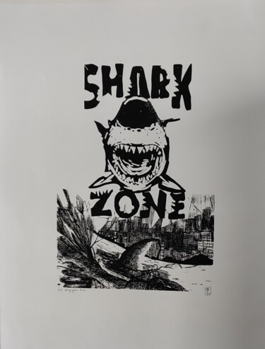 Printmaking titled "Shark Zone" by Brigitte Barcos Nosetti, Original Artwork, Screenprinting