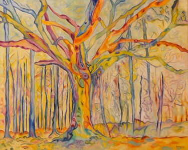 Painting titled "L'arbre et sa forêt" by Brigitte Bargain, Original Artwork, Oil