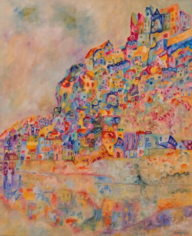 Painting titled "Les reflets du vill…" by Brigitte Bargain, Original Artwork, Oil