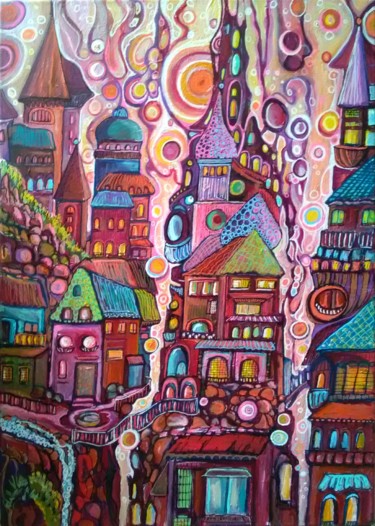 Painting titled "La ville au bord du…" by Brigitte Belhache-Brivoal, Original Artwork, Acrylic