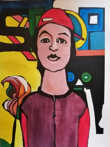 Painting titled "la casquette rouge" by Brigitte Benitah, Original Artwork, Acrylic