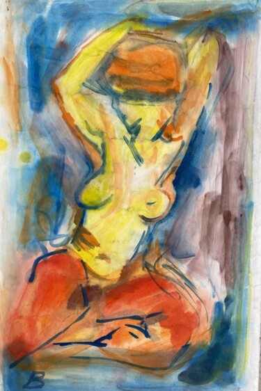 Painting titled "junge Frau mit rote…" by Brigitte Böhme, Original Artwork, Watercolor