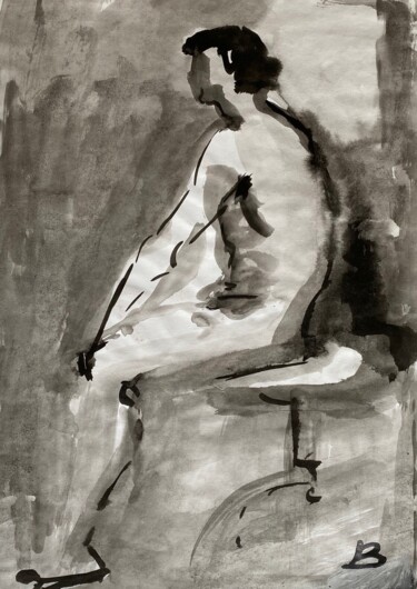 Malerei mit dem Titel "Mann auf einem Hock…" von Brigitte Böhme, Original-Kunstwerk, Aquarell