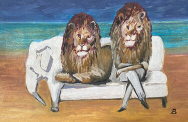 Malerei mit dem Titel "Zwei männliche Löwen" von Brigitte Böhme, Original-Kunstwerk, Acryl