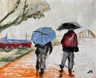 Malerei mit dem Titel "Spaziergang im Regen" von Brigitte Böhme, Original-Kunstwerk, Acryl