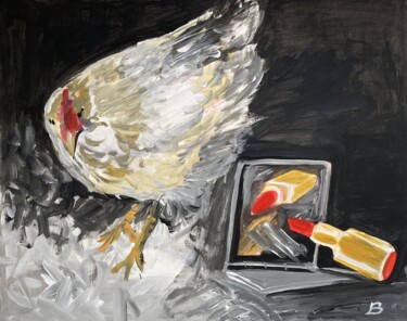 Malerei mit dem Titel "Huhn mit Lippenstift" von Brigitte Böhme, Original-Kunstwerk, Acryl