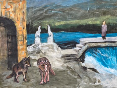 Malerei mit dem Titel "Denkmal der Wölfe" von Brigitte Böhme, Original-Kunstwerk, Acryl