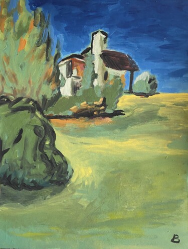 Malerei mit dem Titel "Villa auf dem Hügel" von Brigitte Böhme, Original-Kunstwerk, Acryl
