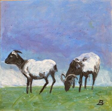 Malerei mit dem Titel "Schafe unter hohem…" von Brigitte Böhme, Original-Kunstwerk, Acryl