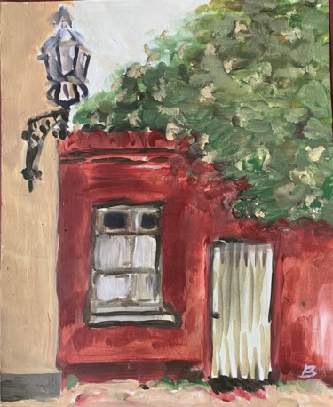 Malerei mit dem Titel "Haus mit Laterne" von Brigitte Böhme, Original-Kunstwerk, Acryl