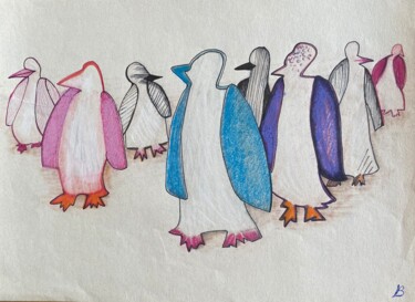 Drawing titled "Die bunten Pinguine" by Brigitte Böhme, Original Artwork, Marker