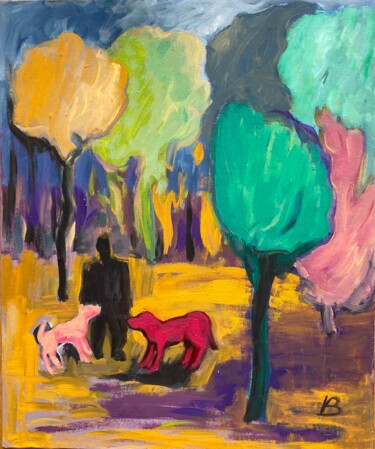Schilderij getiteld "Mann mit Hunden" door Brigitte Böhme, Origineel Kunstwerk, Acryl