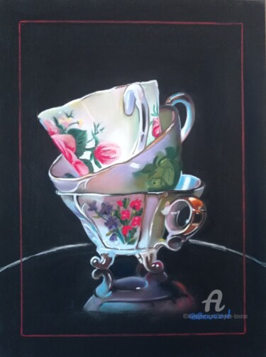 Malarstwo zatytułowany „Les tasses” autorstwa Brigitte Bouron, Oryginalna praca, Pastel Zamontowany na Drewniana rama noszy