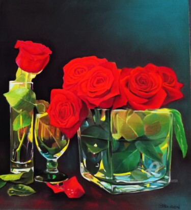Peinture intitulée "Verre et roses roug…" par Brigitte Bouron, Œuvre d'art originale, Pastel
