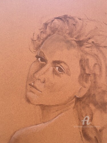 Drawing titled "Portrait féminin 1" by Brigitte Bouron, Original Artwork, Pencil