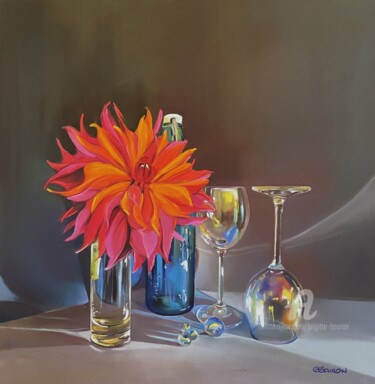 Картина под названием "Dahlia et verres" - Brigitte Bouron, Подлинное произведение искусства, Пастель