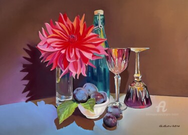Pittura intitolato "Prunes et dahlia" da Brigitte Bouron, Opera d'arte originale, Pastello