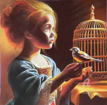 Schilderij getiteld "L'oiseau et l'enfant" door Brigitte Bouron, Origineel Kunstwerk, Pastel