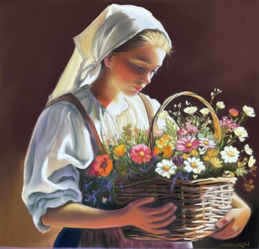 Malarstwo zatytułowany „Panier de fleurs” autorstwa Brigitte Bouron, Oryginalna praca, Pastel