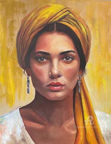 Schilderij getiteld "Le turban jaune" door Brigitte Bouron, Origineel Kunstwerk, Olie