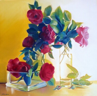Peinture intitulée "COMPOSITION AUX ROS…" par Brigitte Bouron, Œuvre d'art originale, Huile
