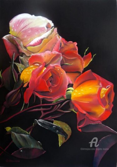 Картина под названием "EXPRESSION DE ROSES" - Brigitte Bouron, Подлинное произведение искусства, Масло