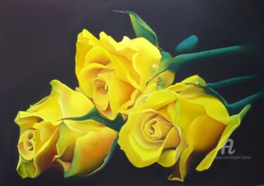 绘画 标题为“Les trois roses jau…” 由Brigitte Bouron, 原创艺术品, 油