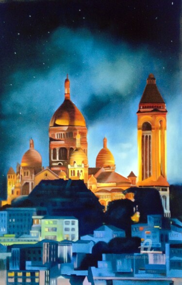 Malerei mit dem Titel "Nuit sur le Sacré-C…" von Brigitte Bouron, Original-Kunstwerk, Pastell