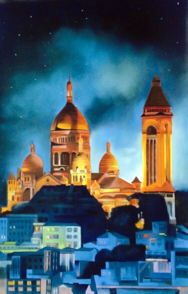 Painting titled "Nuit sur le Sacré-C…" by Brigitte Bouron, Original Artwork, Pastel