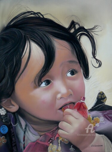 Pintura intitulada "Regard d'enfant" por Brigitte Bouron, Obras de arte originais, Pastel