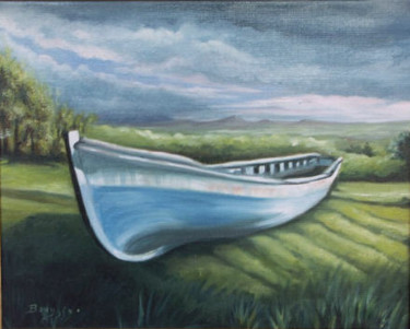 Painting titled "la barque bleue" by Brigitte Bouysse, Original Artwork, Oil