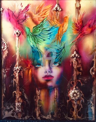 Painting titled "La cage dorée" by Brigitte Bresson, Original Artwork, Resin