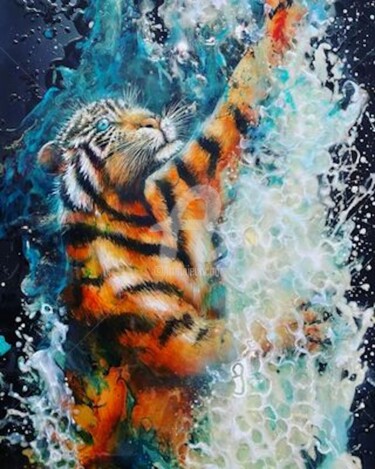 Malerei mit dem Titel "TIGRE D'EAU" von Brigitte Bresson, Original-Kunstwerk, Acryl