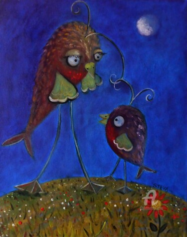 Malarstwo zatytułowany „"Tu seras un poisso…” autorstwa Brigitte Conan (Steva), Oryginalna praca, Olej Zamontowany na Drewni…