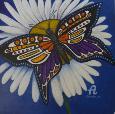 Painting titled "Le papillon" by Brigitte Conan (Steva), Original Artwork, Acrylic Mounted on Wood Stretcher frame