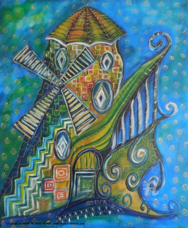 Painting titled "Le moulin enchanté" by Brigitte Conan (Steva), Original Artwork, Acrylic Mounted on Wood Stretcher frame