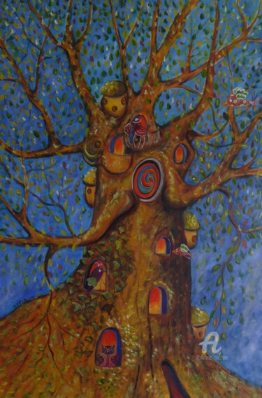 Painting titled "L'arbre des Poisson…" by Brigitte Conan (Steva), Original Artwork, Acrylic Mounted on Wood Stretcher frame