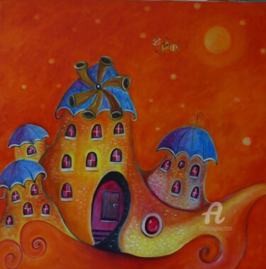 Peinture intitulée "La maison toboggan…" par Brigitte Conan (Steva), Œuvre d'art originale, Huile Monté sur Châssis en bois