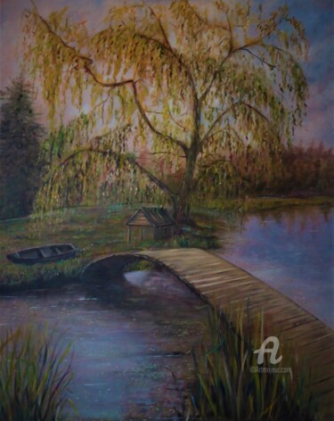 Peinture intitulée "Paysage au pont de…" par Brigitte Conan (Steva), Œuvre d'art originale, Huile Monté sur Châssis en bois