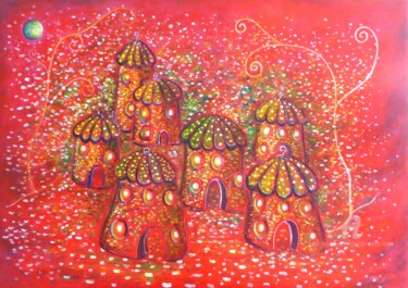 Peinture intitulée "Le village aux 7 ma…" par Brigitte Conan (Steva), Œuvre d'art originale, Acrylique Monté sur Châssis en…