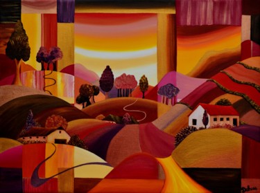 Schilderij getiteld "kleurrijk-landschap…" door Dehue, Origineel Kunstwerk, Acryl
