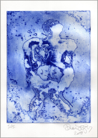 Gravures & estampes intitulée "Eau bleue" par Brigitte Derbigny, Œuvre d'art originale, Eau-forte