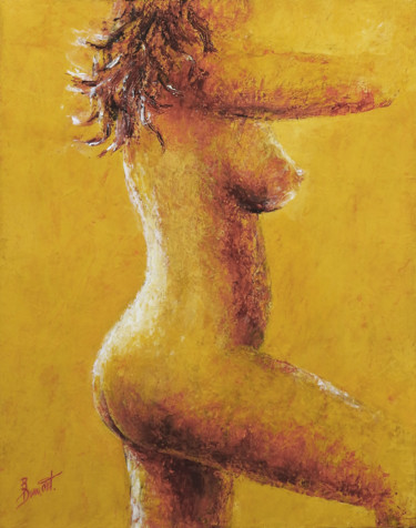 Pintura titulada "Nu sur fond jaune" por Brigitte Dumont, Obra de arte original, Oleo