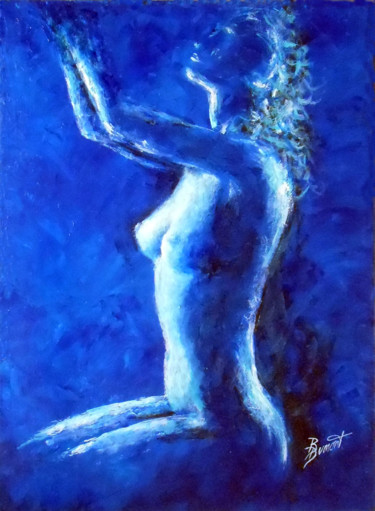 Malarstwo zatytułowany „Nu sur fond bleu” autorstwa Brigitte Dumont, Oryginalna praca, Olej