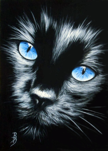 Pittura intitolato "Chat noir aux yeux…" da Brigitte Dumont, Opera d'arte originale, Acrilico