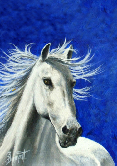 Peinture intitulée "Cheval blanc sur fo…" par Brigitte Dumont, Œuvre d'art originale, Acrylique